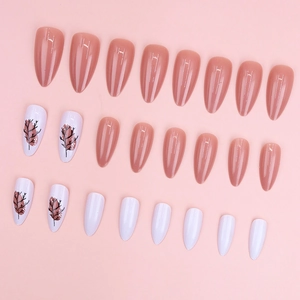 24pcs long almond press-on nails in nude pink and white with leaf branch nail art