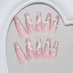 French magnolia press-on nails with 3D gold details, pearls and pink gradient