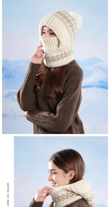 Detail of winter knitted integrated hood with faux fur pom pom and geometric patterns