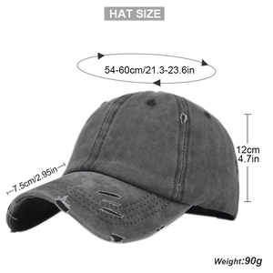 Detailed size guide for dark grey distressed ponytail baseball cap with measurements