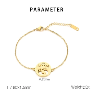 Detail of gold MOM pendant bracelet with footprint charm and size parameters shown