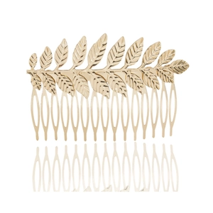 Detailaufnahme von goldenem Haar Kamm aus Legierung mit Blattmuster auf weißem Grund