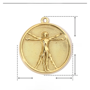 Detail view of 26mm Vitruvian Man gold stainless steel pendant showing dimensions and weight