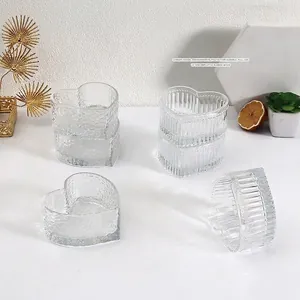 Heart Shaped Clear Glass Bowl Vertical Stripe Hammered Texture Dessert Snack Dish For Candy Nut Fruit Luxury Tableware
