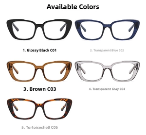 Cat-eye glasses frames displayed in five colors including black, blue, and tortoiseshell