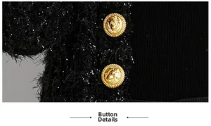 Macro view of gold lion head buttons on black textured tweed jacket with sequins