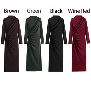 Ruched High Neck Long Sleeve Maxi Dress Slim Fit Solid Color Elegant Polyester Evening Gown