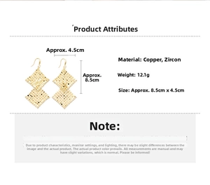 Detailed size chart of 18k gold plated double rhombus geometric earrings with zircon