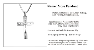 Detail of minimalist silver stainless steel cross pendant showing hypoallergenic texture