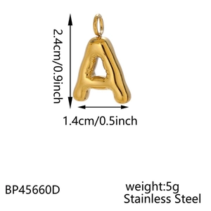 Polished golden stainless steel bubble letter A pendant with specific size measurements