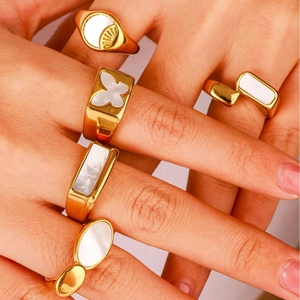 18k gold irregular stainless steel rings with white shell butterfly and geometric designs