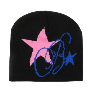 Black knit beanie with pink stars and blue embroidered logo in Y2K streetwear style