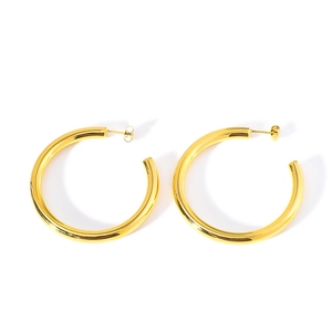 Minimalist 18k gold plated stainless steel C-shaped hoop earrings for women on white background
