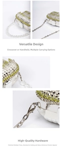 Close-up of sparkling rhinestone tassels and silver hardware on acrylic evening bag