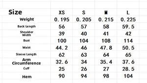 Tableau détaillé des tailles pour chemise à manches longues déchirée avec dimensions
