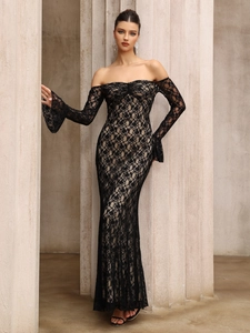 Elegant Off-Shoulder Black Lace Maxi Evening Dress With Bell Sleeves Long Bodycon Prom Gown For Women Formal Party