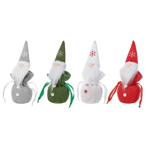 Set of four knitted Christmas gnome gift bags with snowflake embroidery and drawstring closure