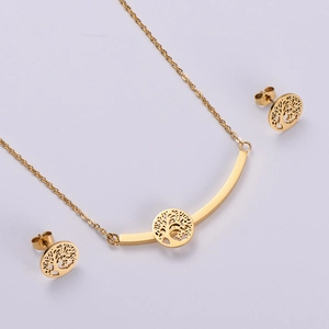 Macro detail of gold tree of life jewelry set featuring hollowed pendant and earrings