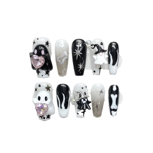Hand-painted Halloween ghost press-on nails with pink gems and silver metallic accents