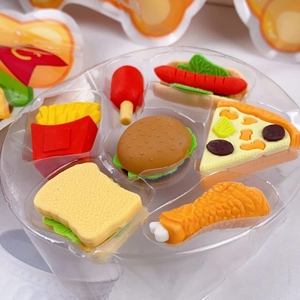 Close-up of 7-piece creative fast food shaped erasers set in blister packaging
