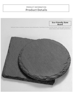 Detail of round and square natural slate coasters with authentic textured edges