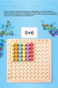 Close-up of wooden Montessori multiplication board with colorful numeric cylinders and cards