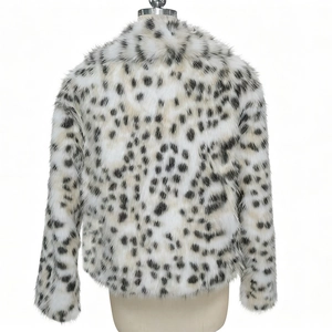 Detailed back view of a faux fur leopard print jacket with thick plush texture