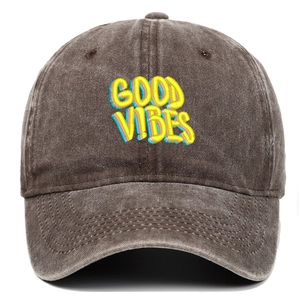 Detail of Good Vibes 3D embroidery on dark brown washed cotton baseball cap