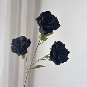 Artificial black diamond rose with three flower heads and green leaves for wedding decor