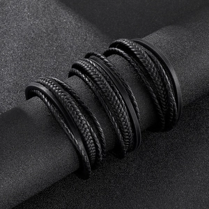 Men's punk multi-layer woven leather bracelet with magnetic stainless steel clasp