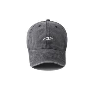 Detailed embroidery on a vintage washed grey cotton baseball cap with retro style