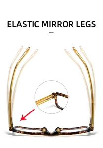 Detail of tortoise shell blue light glasses featuring flexible elastic mirror legs