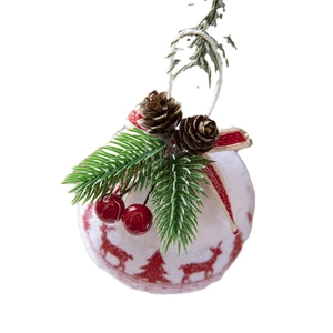 Plaid Christmas ball ornament with reindeer prints, pine needles and pine cones