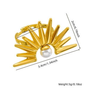 Gold plated stainless steel sunburst ring with central white pearl and dimension marks