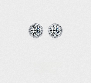 Close-up of S925 sterling silver stud earrings with sparkling round cubic zirconia