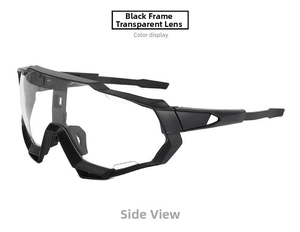 Side view of matte black cycling glasses featuring clear lenses and hollow non-slip temples