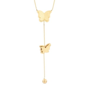 Elegant gold butterfly Y-shaped necklace in stainless steel with double pendants