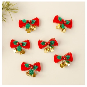Set of 6 red velvet Christmas bows with gold bells and holly leaves for tree decoration