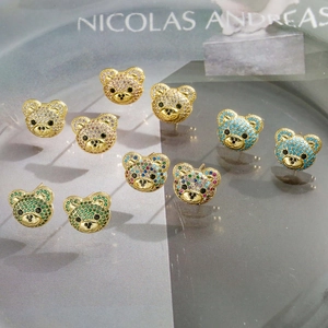 Cute Teddy Bear Head Stud Earrings Copper Micro Paved Colorful Zirconia Hip Hop Fashion Jewelry For Women