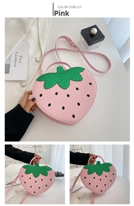 Detailed views of a pink strawberry-shaped handbag with green sequin leaves and PU strap