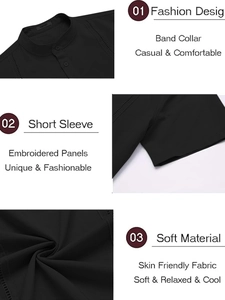 Close-up of black men's polo shirt featuring band collar and vertical embroidery detail