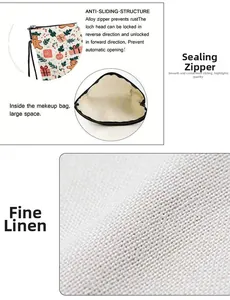 Detail of linen gingerbread makeup bag with a smooth zipper closure and fabric texture