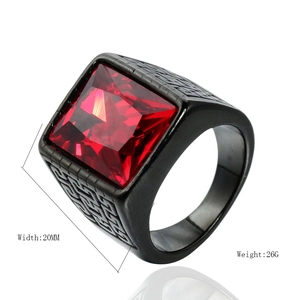 Men's vintage stainless steel ring with red square gemstone and totem engravings