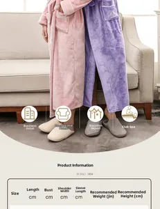 Size chart for thick flannel bathrobe showing length, chest, and height measurements