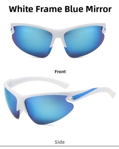 Front and side views of white frame sports sunglasses with blue mercury lenses