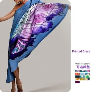 One Shoulder Maxi Kleid Bedruckt Lose Satin Satin Ähnlich Elegant Strand Urlaub Lange Weite Ärmel Übergroß Für Damen