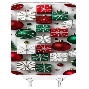 3D Christmas shower curtain with red and green gift boxes and festive baubles decor