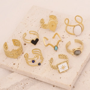 8-piece set of gold-plated stainless steel open rings with star, heart and turquoise charms