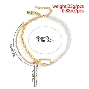 Detailed dimension guide for asymmetric gold necklace with pearls and rhinestones