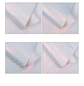Detail showing four holographic glitter textures with blue-pink polarized metallic finish